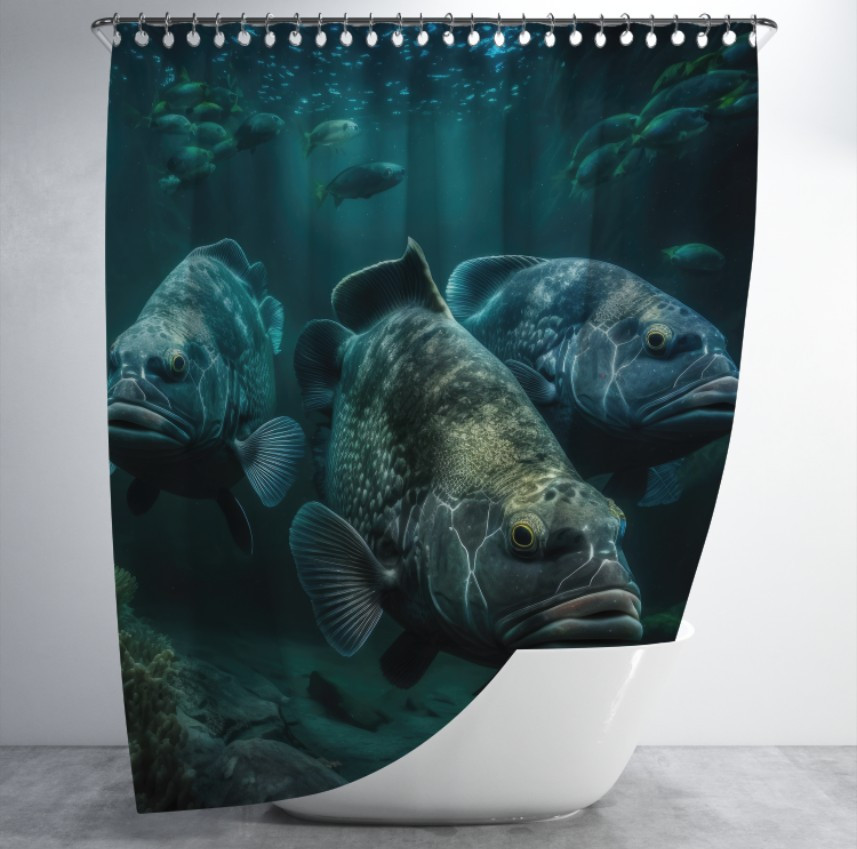 Штора для ванної з 3D принтом косяк морських риб _17 150х200 см.
