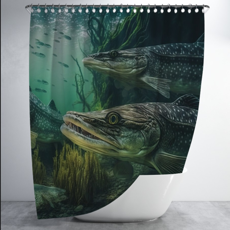 Штора для ванної з 3D принтом Риби. Щуки хижаки _04 150х200 см.