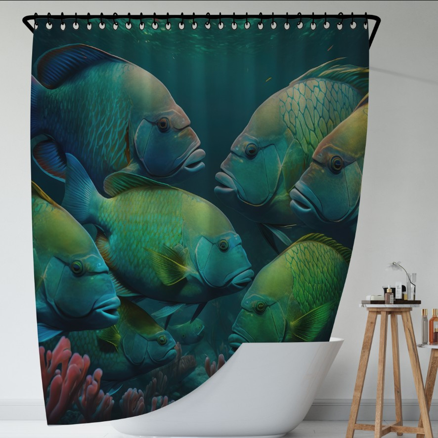 Штора для ванної з 3D принтом екзотичні риби на морському дні_05 150х200 см.