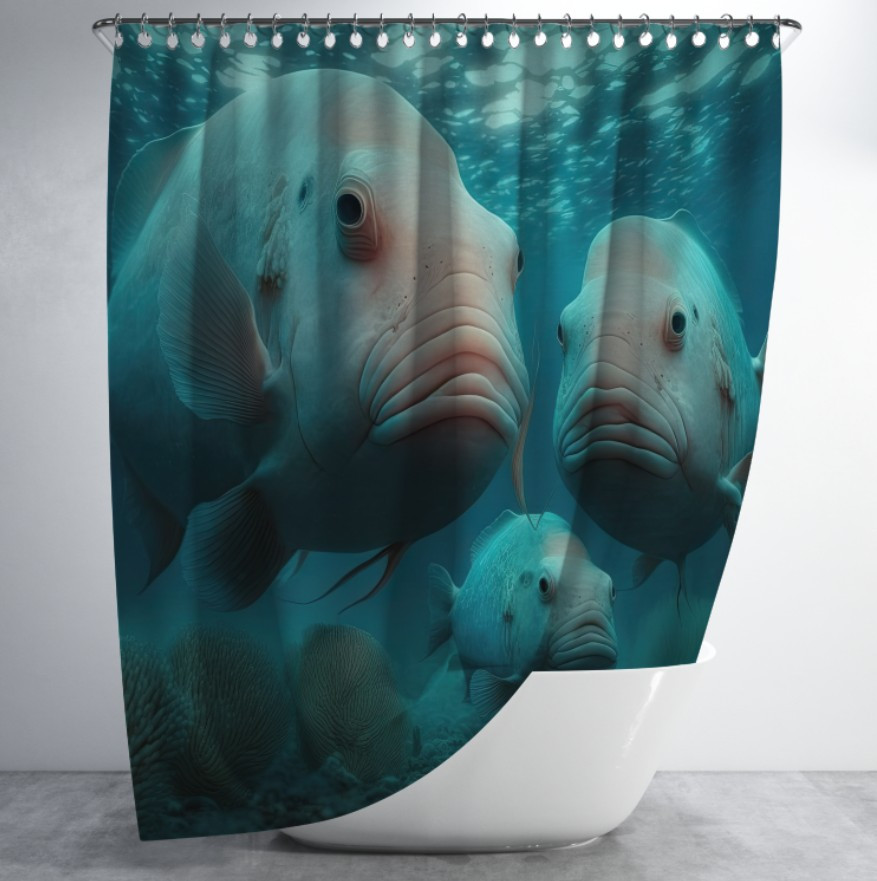 Штора для ванної з 3D принтом косяк загадкових риб_48 150х200 см.