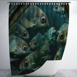 Штора для ванної з 3D принтом косяк загадкових риб_77 150х200 см.