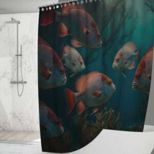 Штора для ванної з 3D принтом косяк загадкових риб_94 150х200 см.