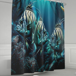 Штора для ванної з 3D принтом смугасті риби у коралах_02 150х200 см.