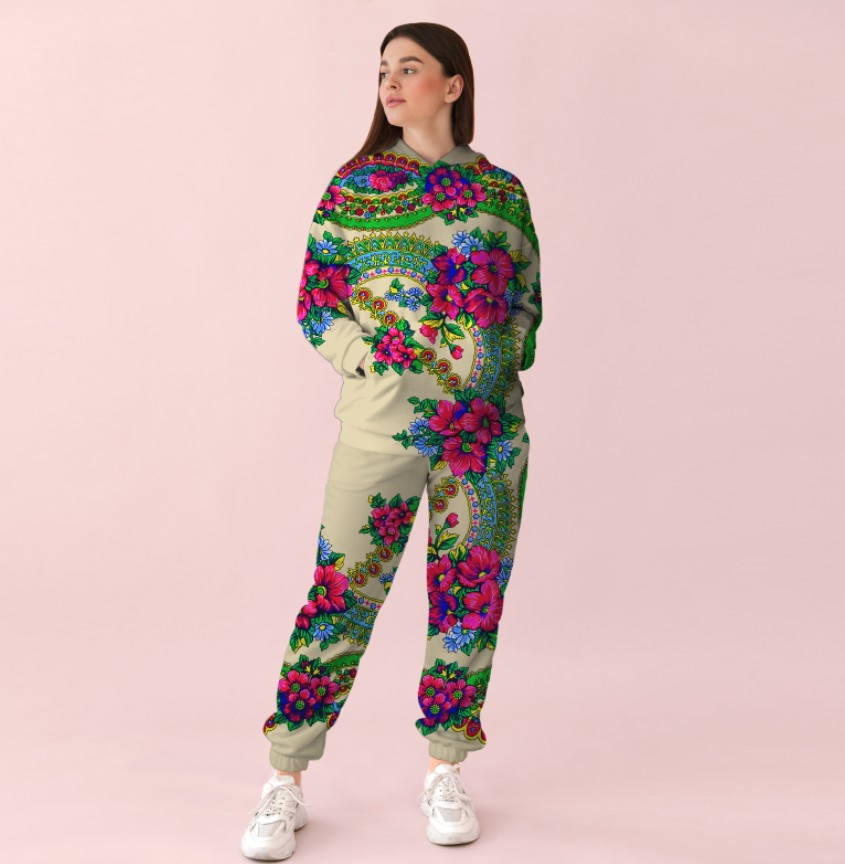 Жіночий бежевий спортивний костюм із принтом Хустка ВСІ Розміри Преміум тканина