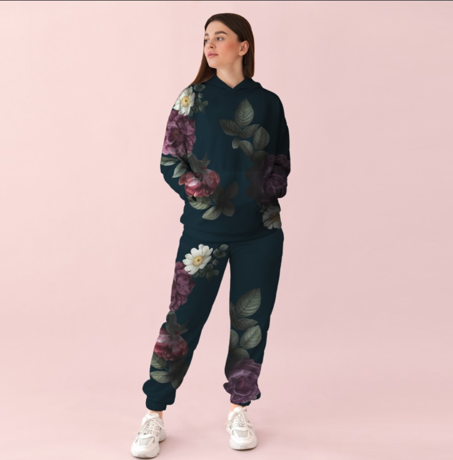 Жіночий темний спортивний костюм ніжний квітковий принт ВСІ Розміри Преміум тканина