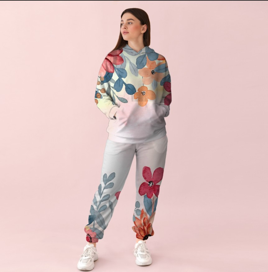 Жіночий білий спортивний костюм із ніжним квітковим принтом 0_002 ВСІ Розміри Преміум тканина