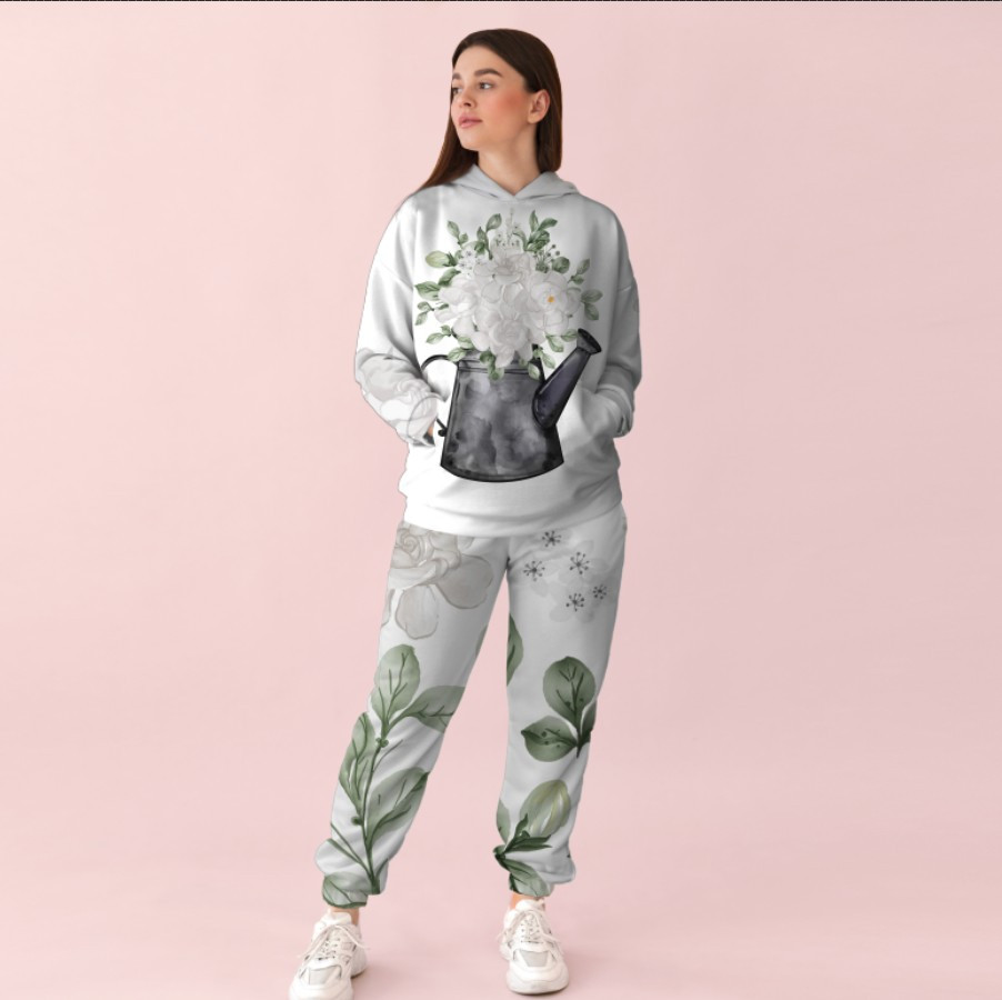 Жіночий білий спортивний костюм із ніжним квітковим принтом 0_003 ВСІ Розміри Преміум тканина