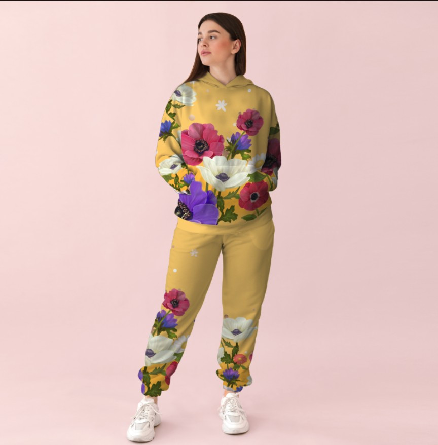 Жіночий жовтий спортивний костюм із ніжним квітковим принтом ВСІ Розміри Преміум тканина