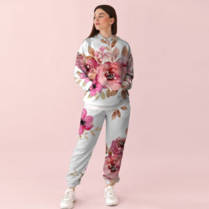 Жіночий білий спортивний костюм із ніжним квітковим принтом. Рожеві квіти 0_013 ВСІ Розміри Преміум тканина