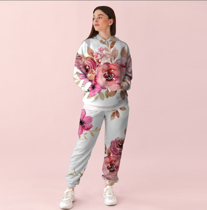 Жіночий білий спортивний костюм із ніжним квітковим принтом. Рожеві квіти 0_013 ВСІ Розміри Преміум тканина