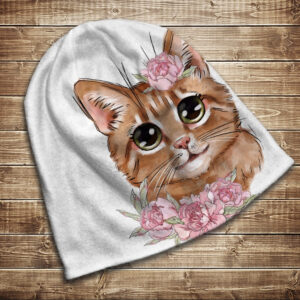 Шапка з 3D принтом на тему Руде кошеня і рожеві півонії. Усі розміри та сезони ВСІ Розміри