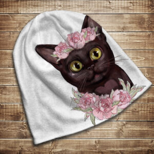 Шапка з 3D принтом на тему Чорне кошеня і рожеві півонії. Усі розміри та сезони ВСІ Розміри