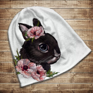 Шапка з 3D принтом на тему Чорний кролик і ніжні маки. Усі розміри та сезони ВСІ Розміри