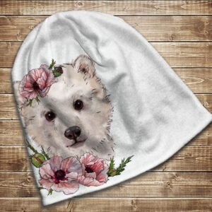 Шапка з 3D принтом на тему Білий ведмедик і ніжні маки. Усі розміри та сезони ВСІ Розміри