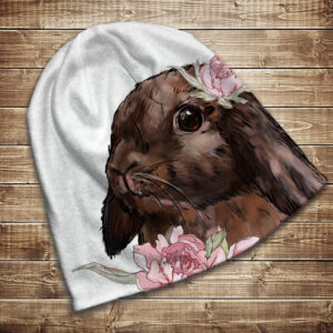 Шапка з 3D принтом на тему Кролик і рожеві півонії. Усі розміри та сезони ВСІ Розміри