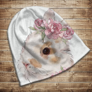 Шапка з 3D принтом на тему Білий кролик і рожеві півонії. Усі розміри та сезони ВСІ Розміри