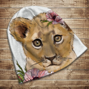 Шапка з 3D принтом на тему Левеня і рожеві маки. Усі розміри та сезони ВСІ Розміри