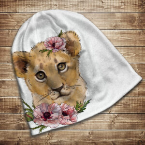 Шапка з 3D принтом на тему Левеня і рожеві маки. Усі розміри та сезони ВСІ Розміри