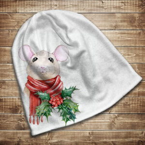 Шапка з 3D принтом на тему Біла мишка в червоному шарфі. Усі розміри та сезони ВСІ Розміри