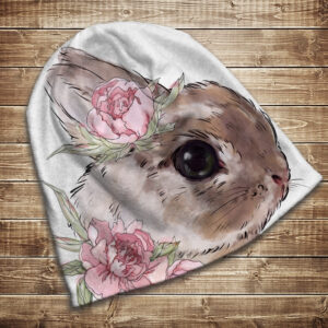 Шапка з 3D принтом на тему Кролик і рожеві півонії. Усі розміри та сезони ВСІ Розміри