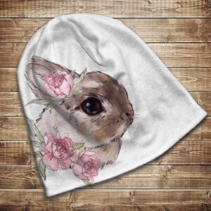 Шапка з 3D принтом на тему Кролик і рожеві півонії. Усі розміри та сезони ВСІ Розміри