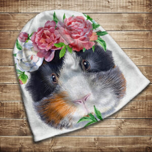 Шапка з 3D принтом на тему Морська свинка та рожеві півонії. Усі розміри та сезони ВСІ Розміри