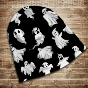 Шапка з 3D принтом на тему Хеловін. Привиди на чорному тлі. Усі розміри та сезони ВСІ Розміри