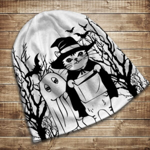 Шапка з 3D принтом на тему Хеловін. Котик і привид. Усі розміри та сезони ВСІ Розміри