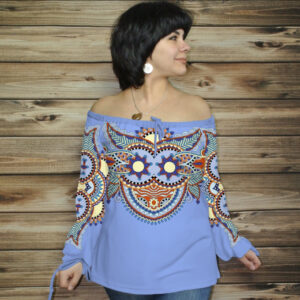 Туніка (блуза) Carmen Етнічні орнаменти 02 блакитна ВСІ Розміри Преміум тканина