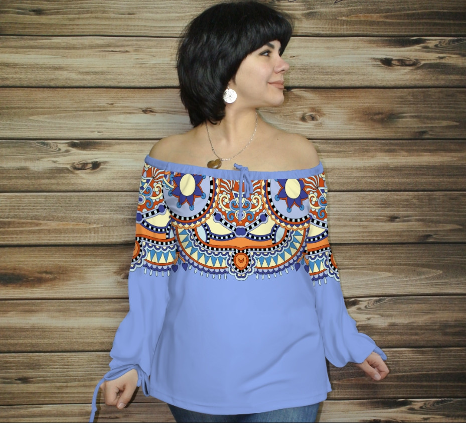 Туніка (блуза) Carmen Етнічні орнаменти 04 блакитна ВСІ Розміри Преміум тканина