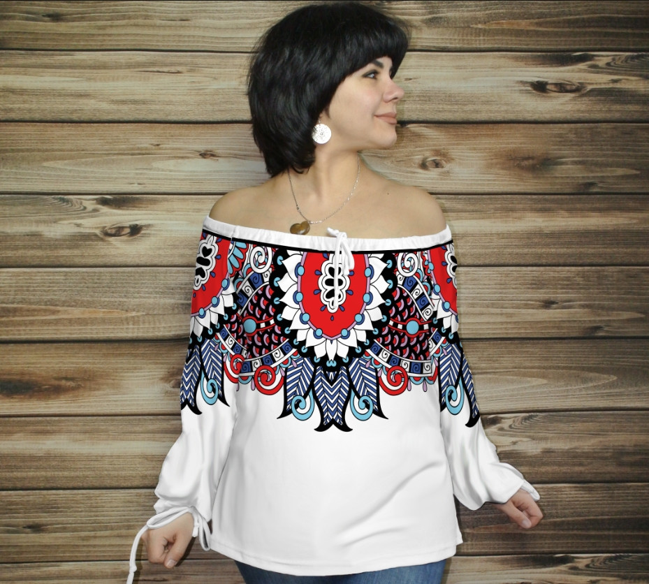 Туніка (блуза) Carmen Орнамент етнічний.Біла 09 ВСІ Розміри Преміум тканина