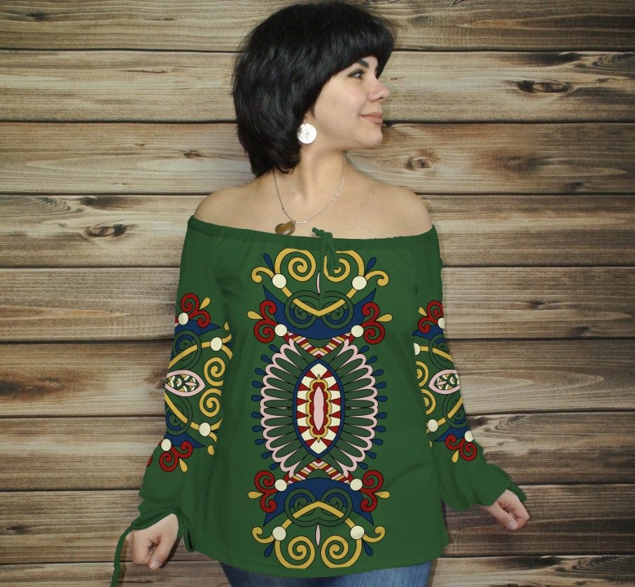 Туніка (блуза) Carmen Орнамент етнічний.Зелена 01 ВСІ Розміри Преміум тканина