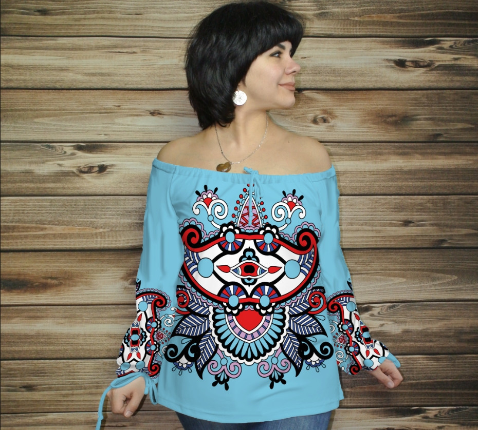 Туніка (блуза) Carmen Орнамент етнічний. Блакитна ВСІ Розміри Преміум тканина