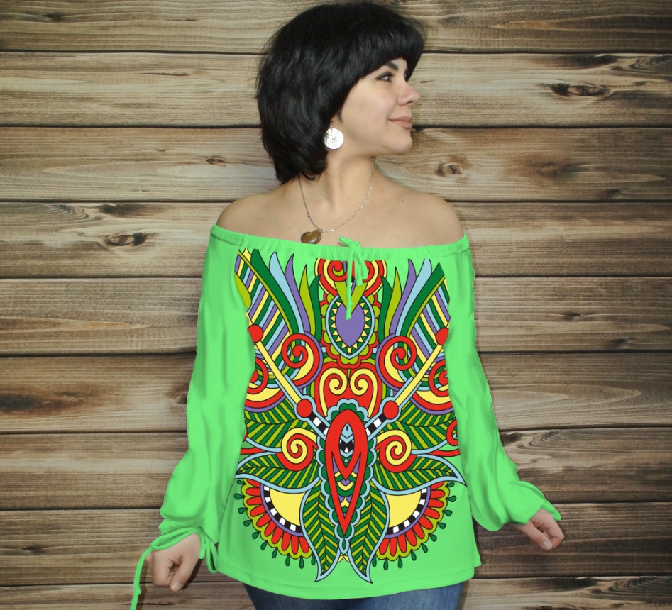 Туніка (блуза) Carmen Орнамент етнічний. Фісташка 01 ВСІ Розміри Преміум тканина