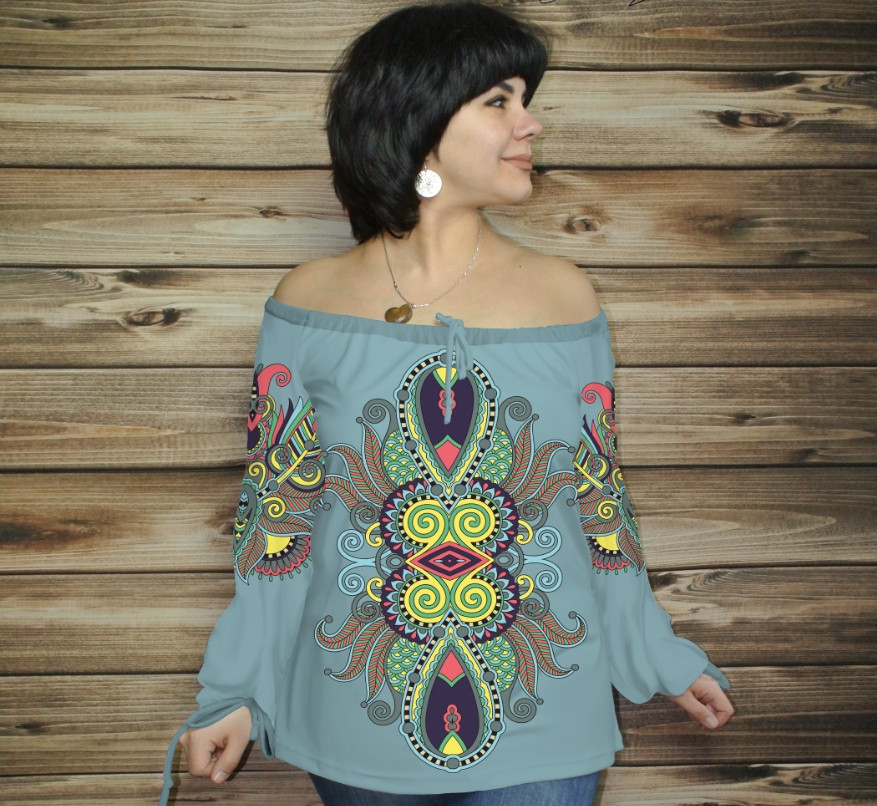 Туніка (блуза) Carmen Орнамент етнічний. Морська хвиля 01 ВСІ Розміри Преміум тканина