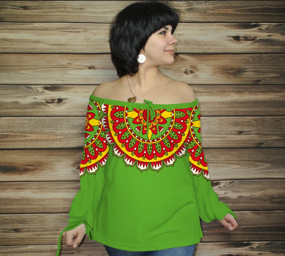 Туніка (блуза) Carmen Орнамент етнічний. Фісташка ВСІ Розміри Преміум тканина