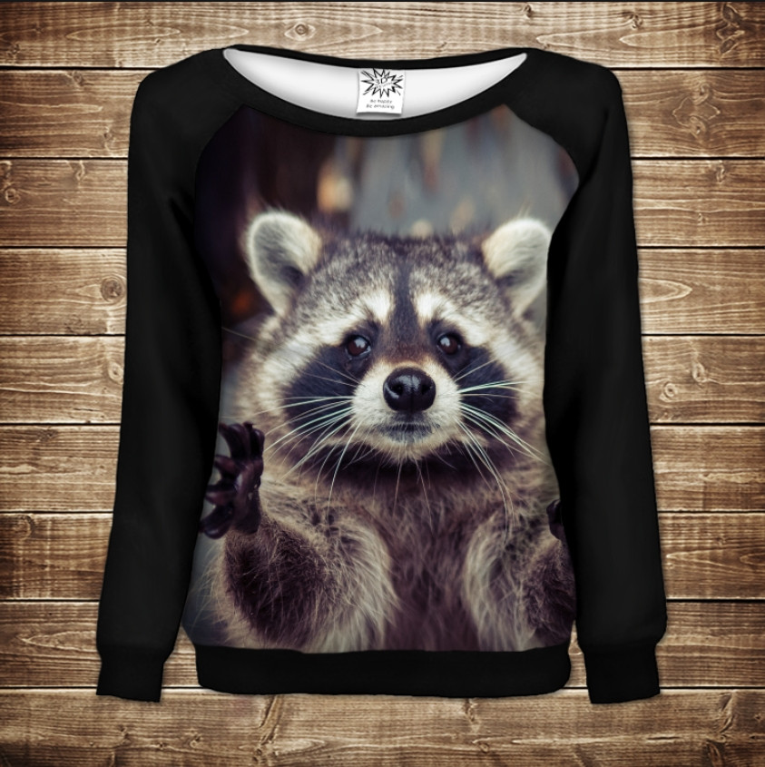 Жіночий світшот - реглан з відкритими плечима з 3D принтом Єнот 02 ВСІ Розміри Преміум тканина