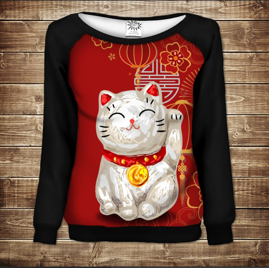 Жіночий світшот - реглан з відкритими плечима з 3D принтом Котик феншуй ВСІ Розміри Преміум тканина