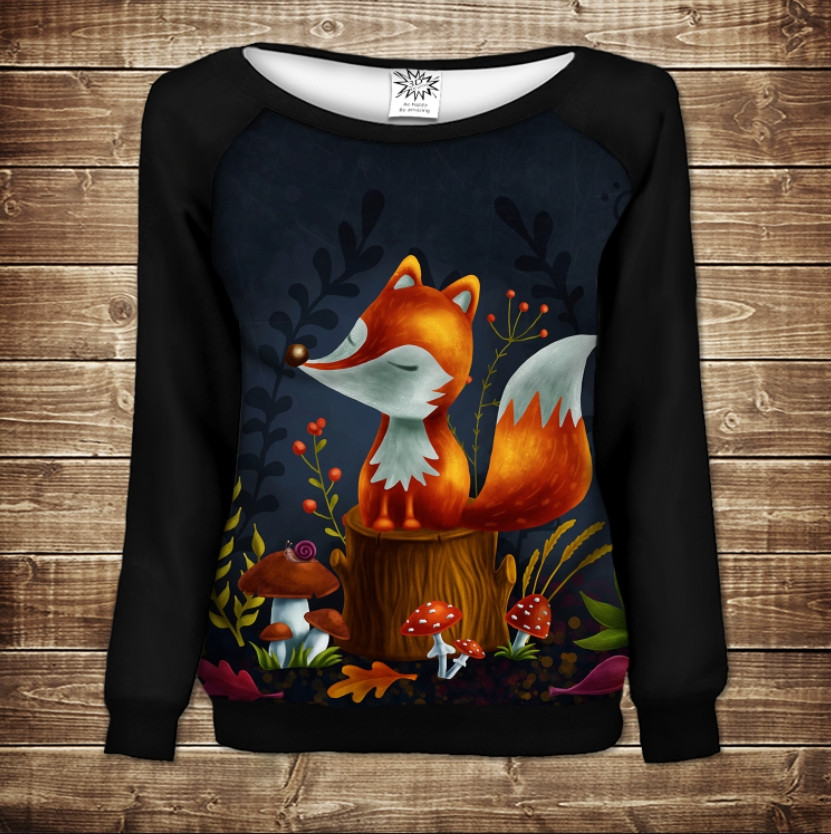 Жіночий світшот - реглан з відкритими плечима з 3D принтом Лисичка на пеньку ВСІ Розміри Преміум тканина