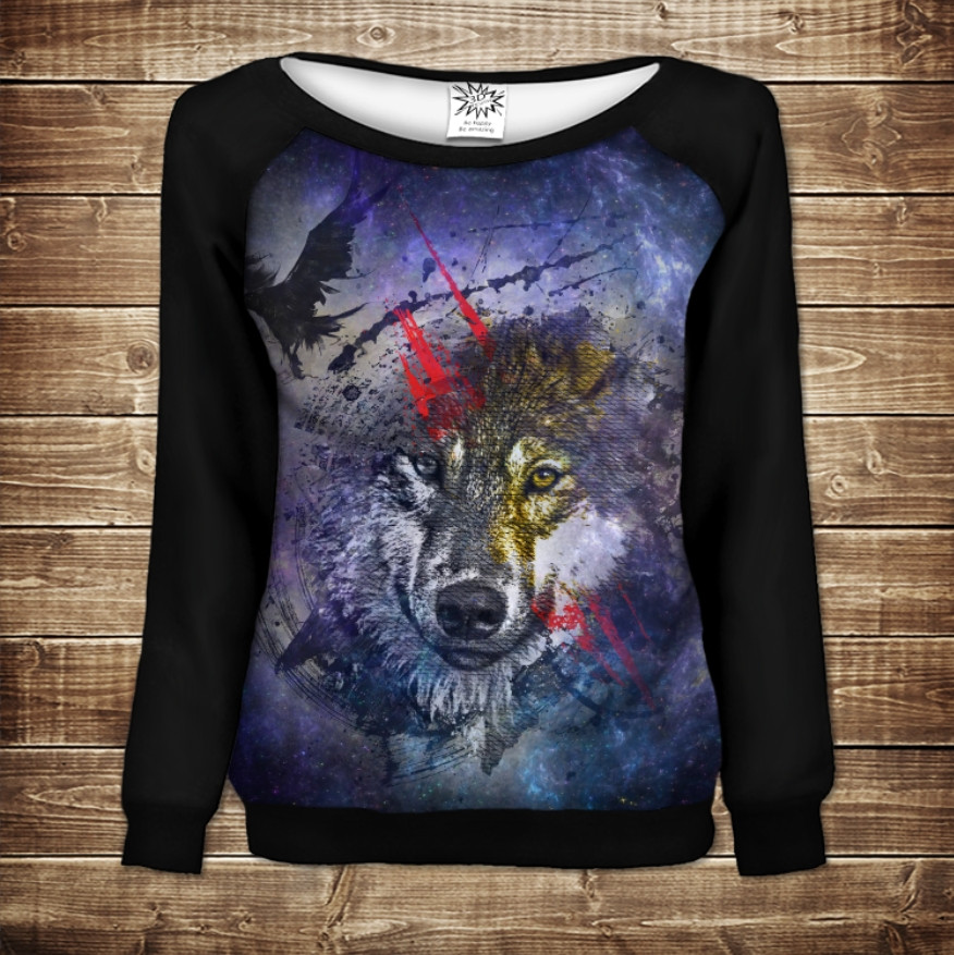 Жіночий світшот - реглан з відкритими плечима з 3D принтом Вовк арт ВСІ Розміри Преміум тканина