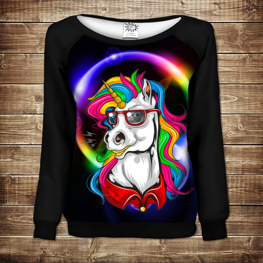 Жіночий світшот - реглан з відкритими плечима з 3D принтом Одноріжка в окулярах ВСІ Розміри Преміум тканина