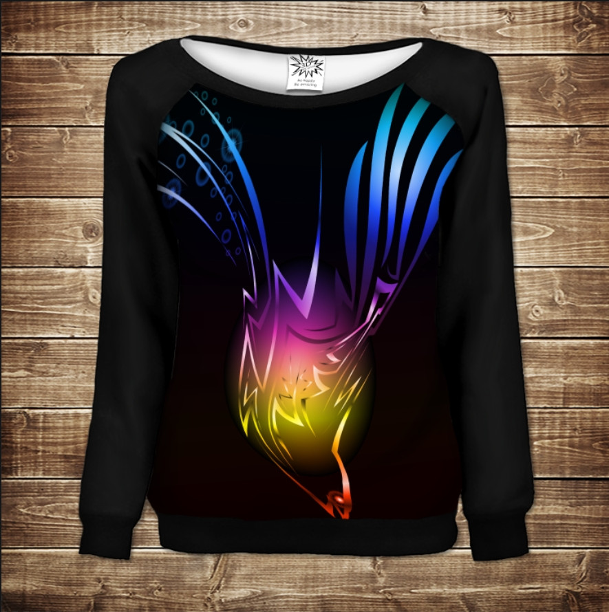 Жіночий світшот - реглан з відкритими плечима з 3D принтом Неон арт ВСІ Розміри Преміум тканина