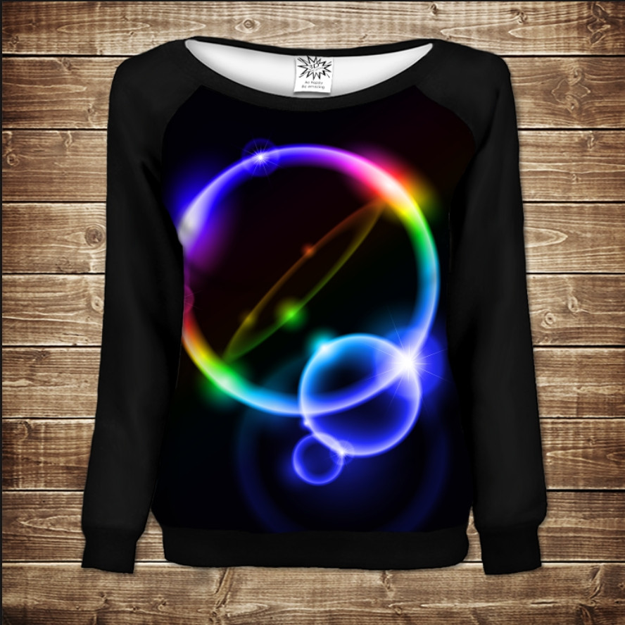 Жіночий світшот - реглан з відкритими плечима з 3D принтом Неон арт 02 ВСІ Розміри Преміум тканина