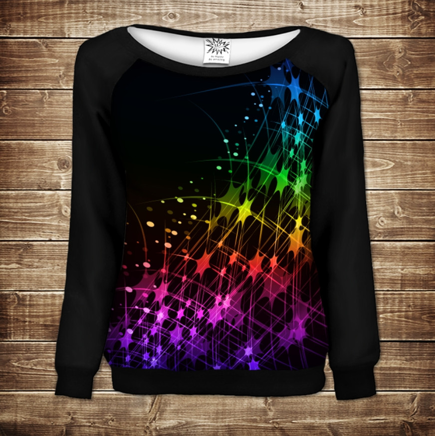 Жіночий світшот - реглан з відкритими плечима з 3D принтом Неон арт 04 ВСІ Розміри Преміум тканина