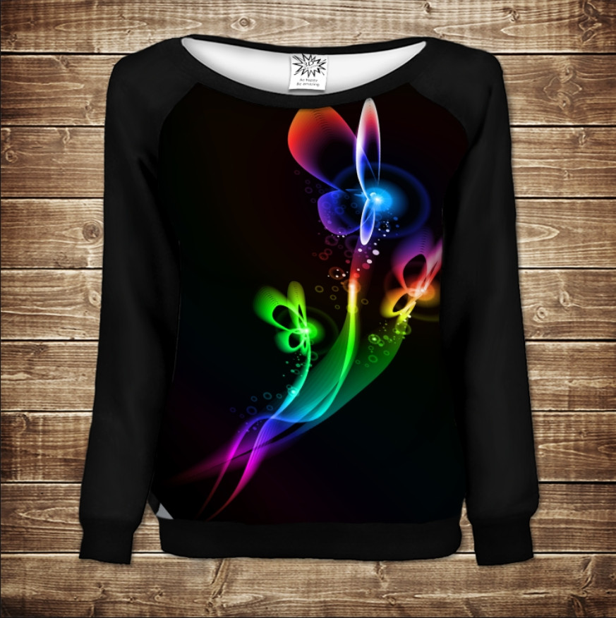 Жіночий світшот - реглан з відкритими плечима з 3D принтом Неон арт метелики 04 ВСІ Розміри Преміум тканина