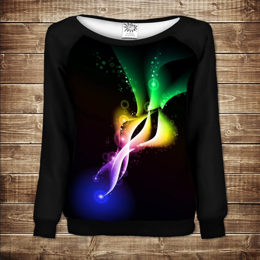 Жіночий світшот - реглан з відкритими плечима з 3D принтом Неон арт 05 ВСІ Розміри Преміум тканина