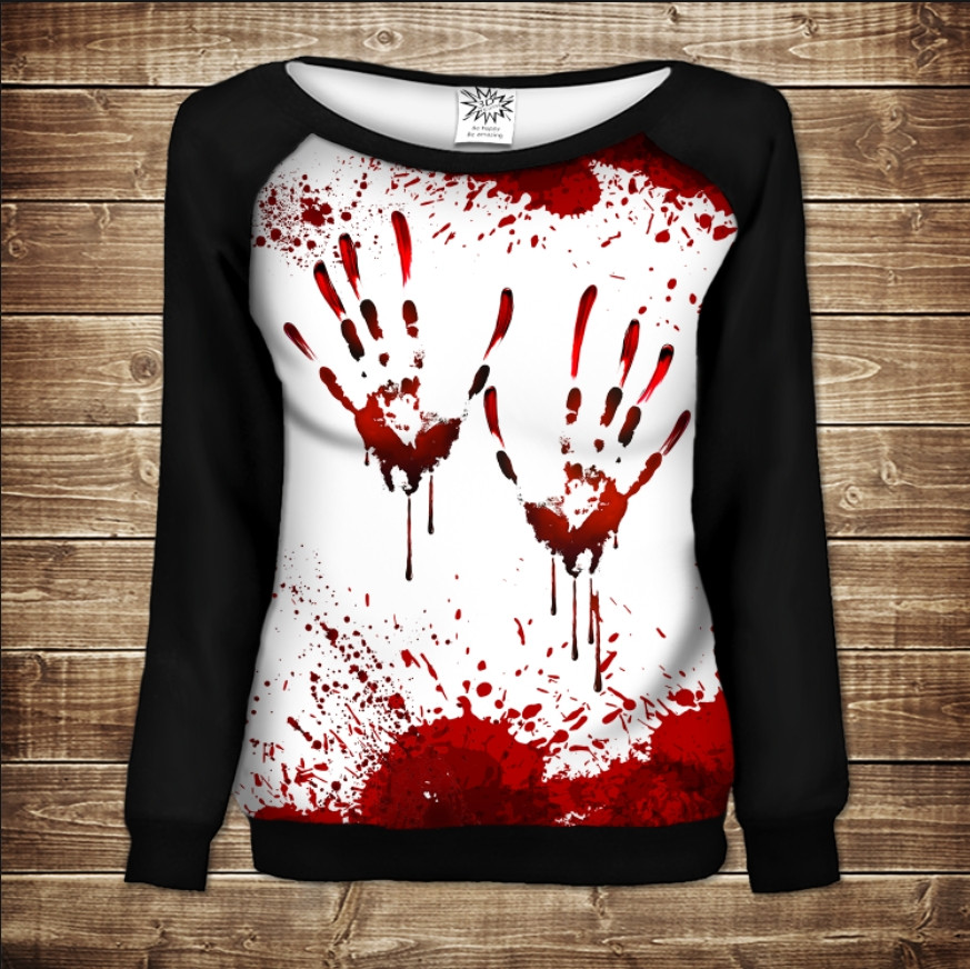 Жіночий світшот - реглан з відкритими плечима з 3D принтом відбитки рук червоною фарбою ВСІ Розміри Преміум тканина