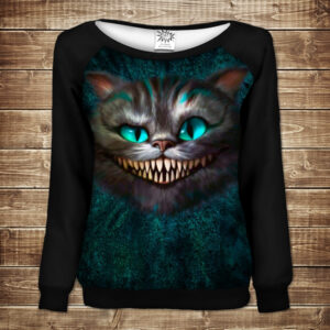 Жіночий світшот - реглан з відкритими плечима з 3D принтом Чеширський кіт посмішка ВСІ Розміри Преміум тканина