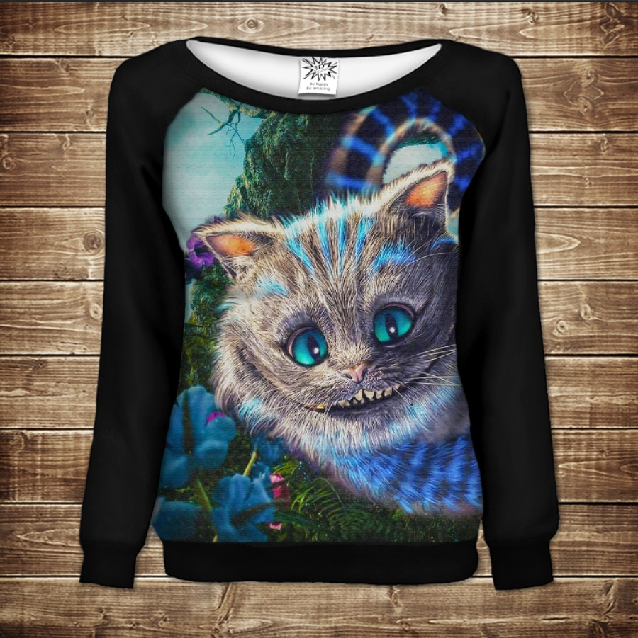 Жіночий світшот - реглан з відкритими плечима з 3D принтом Чеширський кіт посмішка 02 ВСІ Розміри Преміум тканина