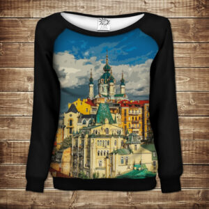 Жіночий світшот - реглан з відкритими плечима з 3D принтом Міський пейзаж ВСІ Розміри Преміум тканина